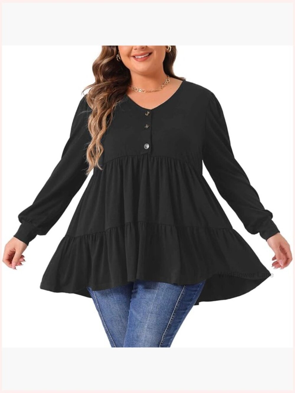 Plus Size V Neck Tunics Long Sleeve Button Up Peplum Babydoll Blouse